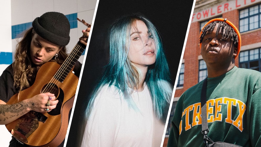 A collage of Best New Music acts Tash Sultana, Alison Wonderland, Arno Faraji