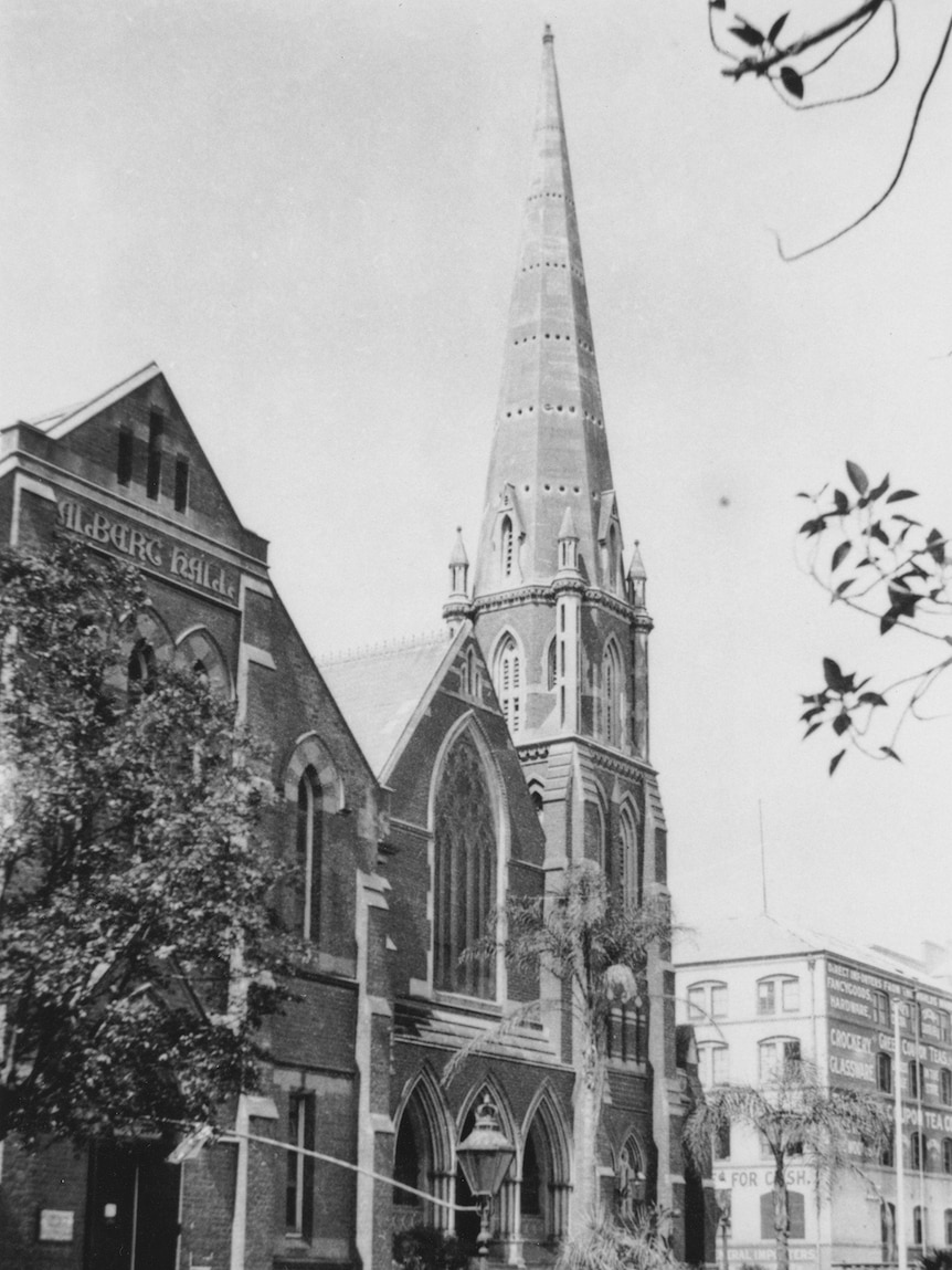 Black and white photo of Albert Hall in Brisbane.