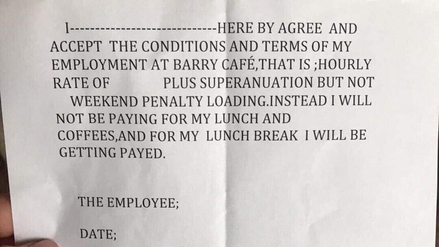 A copy of the workplace agreement for employees at Barry cafe in Northcote.