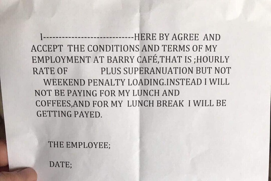 A copy of the workplace agreement for employees at Barry cafe in Northcote.