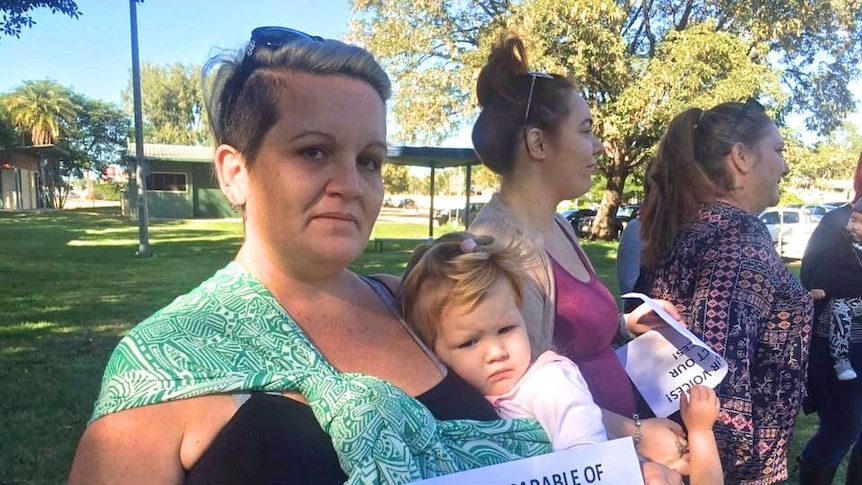 An emerald mother who joined a small protest outside the Emerald Hospital.