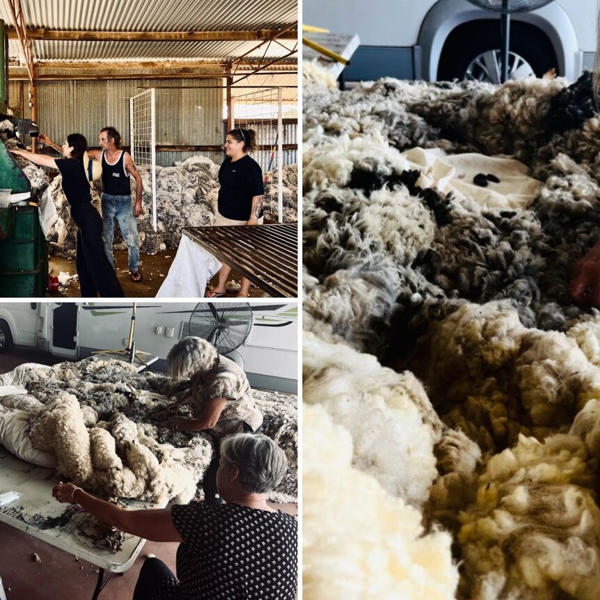 A split image showing people working with wool.