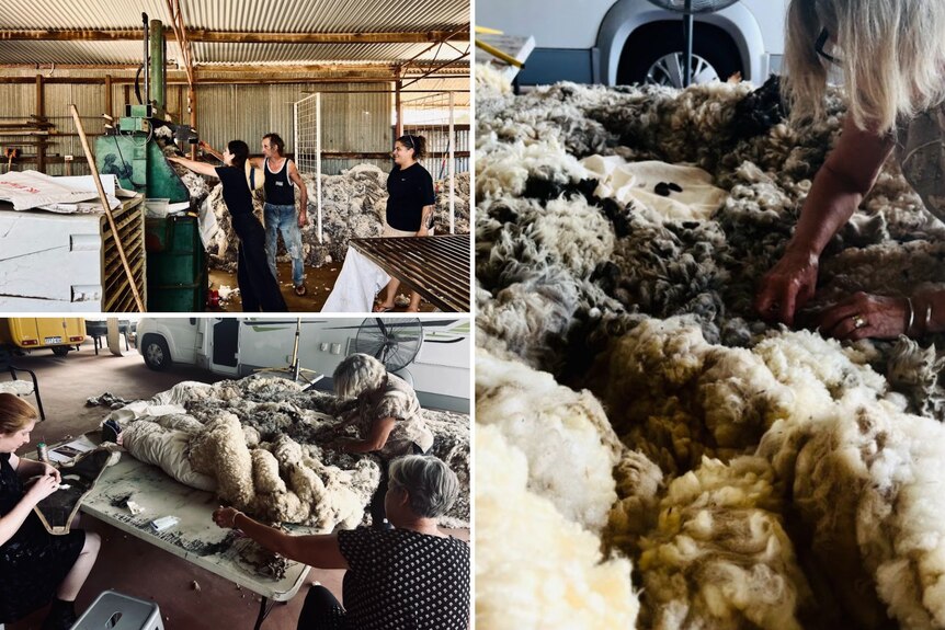 A split image showing people working with wool.