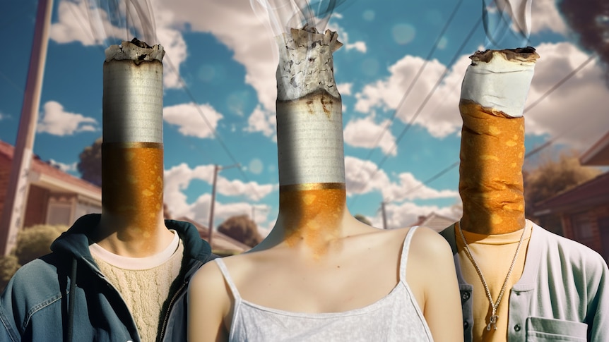 Illustration of three teenagers but instead of normal heads, they've been replaced with smoking cigarettes.