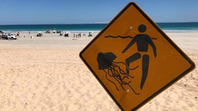 A yellow sign warning swimmers about jellyfish stands on a beach with people and cars in the background.