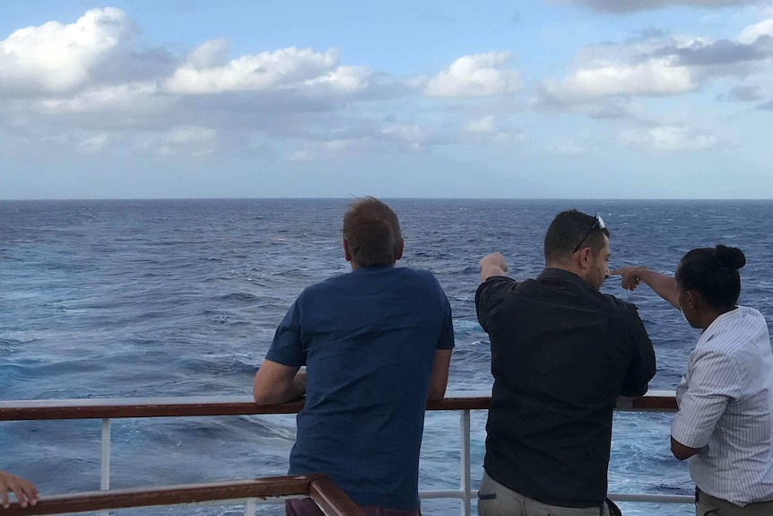 People look and point at the ocean from a deck of the P&O ship Pacific Dawn during the search for a missing woman