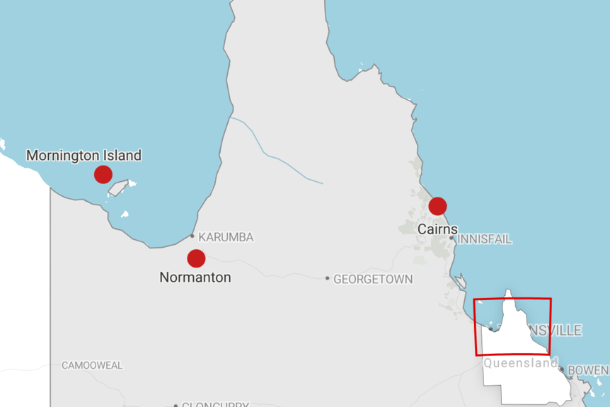 Un mapa del norte de Queensland que describe dónde se encuentran la isla Mornington, Normanton y Cairns.