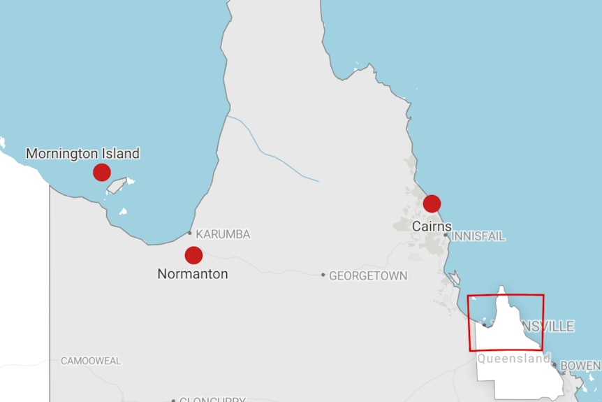 A map of Northern Queensland outlining where Mornington Island, Normanton and Cairns are