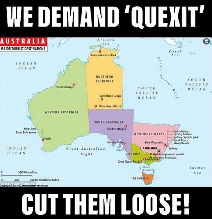 Meme calling for a "Quexit", showing Australia without Queensland on the map.