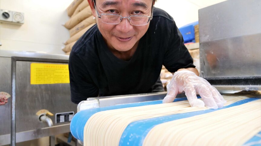 Shing Hee Ting making noodles in his backyard shed. The noodles have just been fed through a cutter