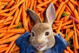 Promotional poster for movie shows rabbit laying on carrots with the word "Peter Rabbit" above.