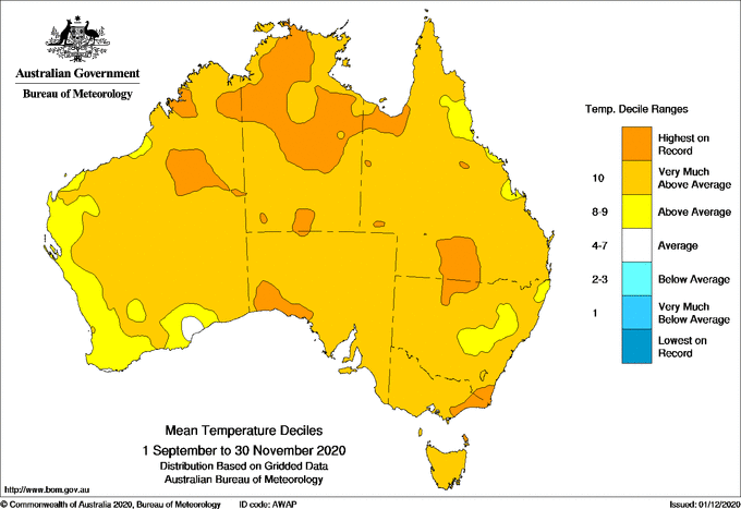 Map of Australia yellow and orange indicating above average to highest on record mean temperatures