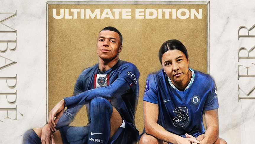 Sam Kerr and Kylian Mbappe on the cover of the FIFA 23 video game.