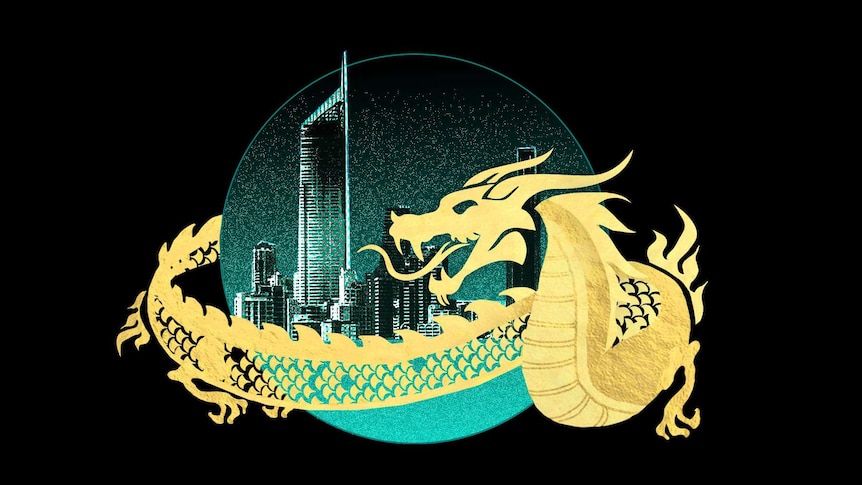 Illustration of a gold dragon flying arond a globe with the gold coast skyline