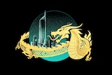 Illustration of a gold dragon flying arond a globe with the gold coast skyline