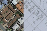 Composite image of satellite imagery of house rooves and hand drawn black of white image of the same area