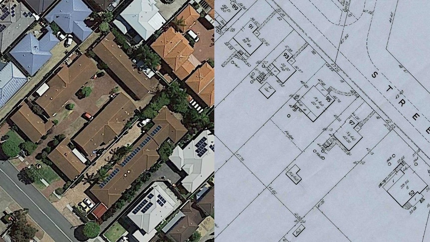 Composite image of satellite imagery of house rooves and hand drawn black of white image of the same area