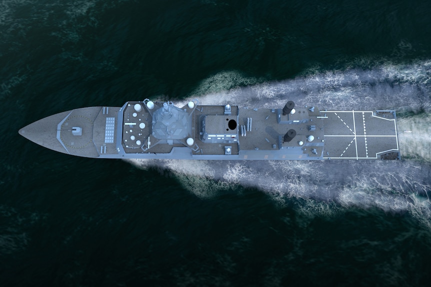 A birds eye view of a navy ship. 