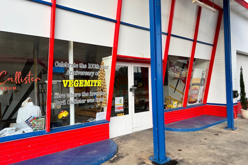 a shop front with the vegemite colours