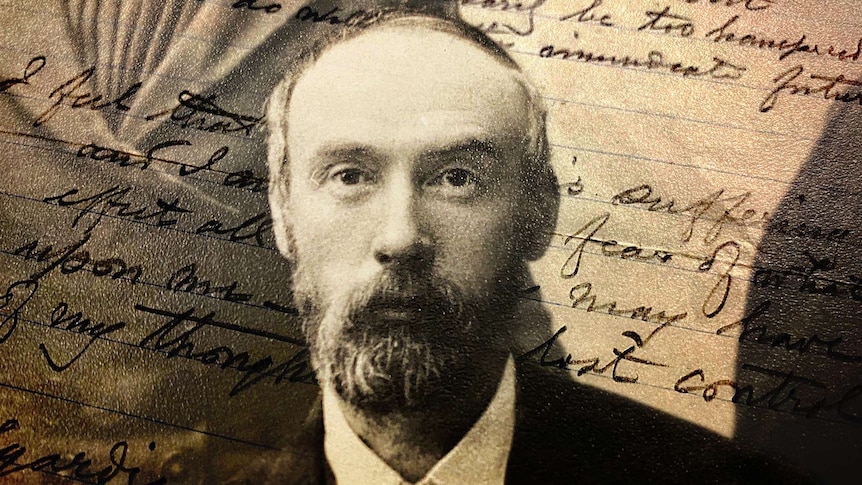 An archive black and white photo of a bearded CY O'Connor overlaid with handwritten writing.