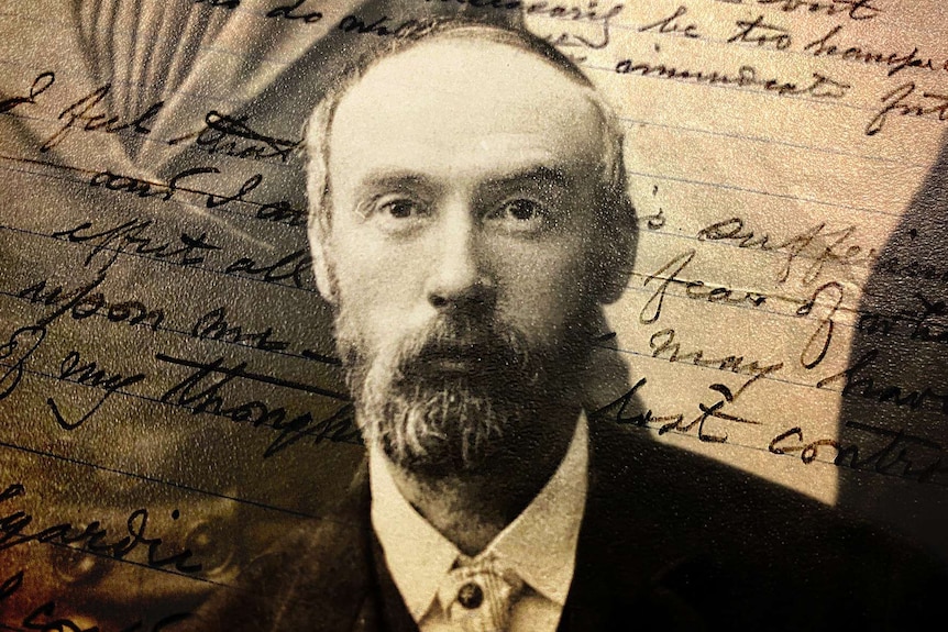 An archive black and white photo of a bearded CY O'Connor overlaid with handwritten writing.