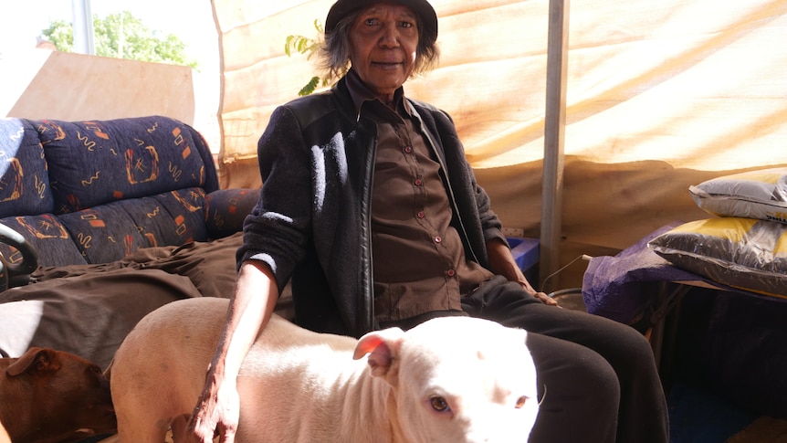 An Indigenous woman pats a dog on a couch.