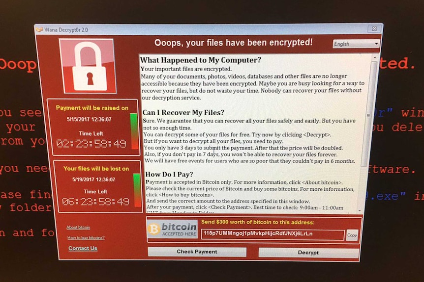 Un message de rançon sur un ordinateur du NHS britannique.
