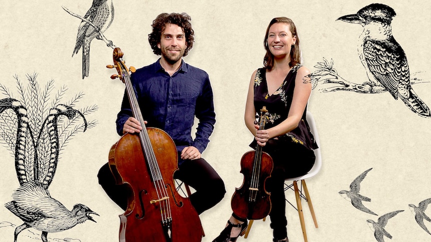 A cellist and a violinist sit with their instruments and are surrounded by drawings of Australian birds