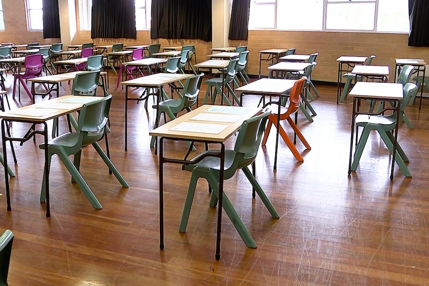 empty desks inside a classroom