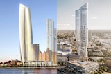 Crown's tower (left), set to be complete in 2021, and the Star's rejected tower (right)