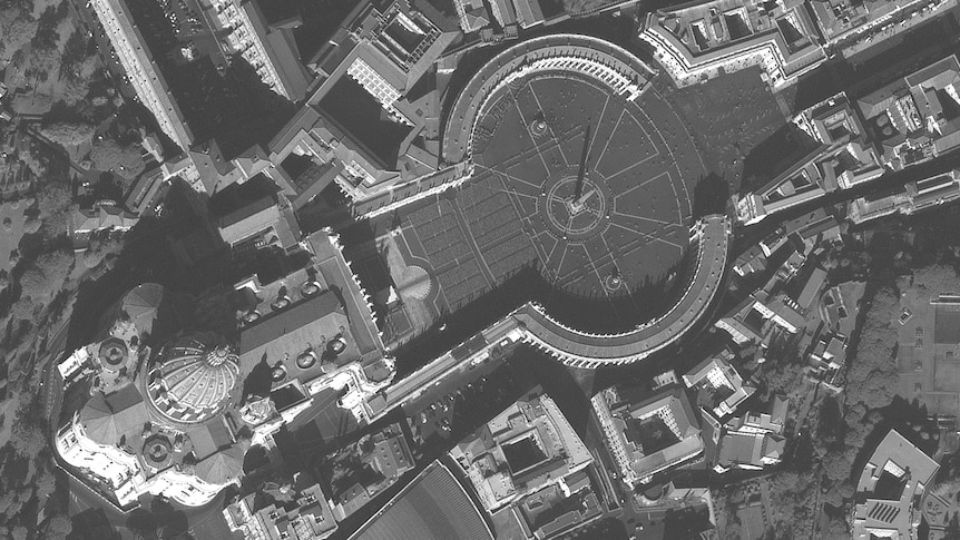 A satellite image from February 2020 shows tourists in the popular St Peter's Square in Rome.