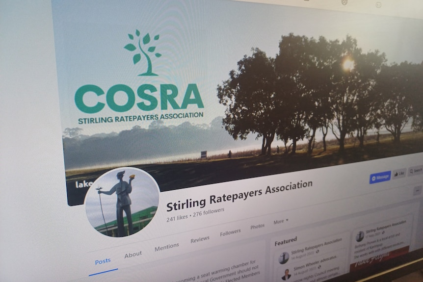 A photo of Stirling Ratepayers Association's Facebook page. The page has a picture of trees in a paddock at the top.