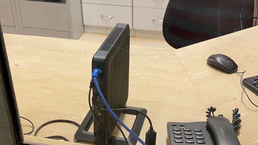 A modem is seen on a desk in an office at the Christmas Island detention centre, where Wuhan evacuees are being quarantined.