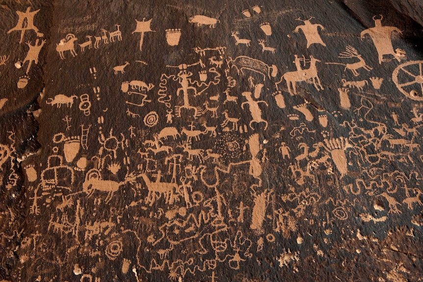 Hundreds of petroglyphs cover Newspaper Rock, in Bears Ears National Monument.