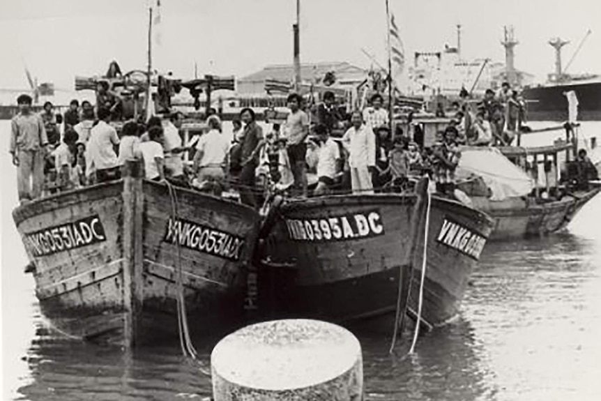 Three Vietnamese boats and refugees in Darwin Harbour.