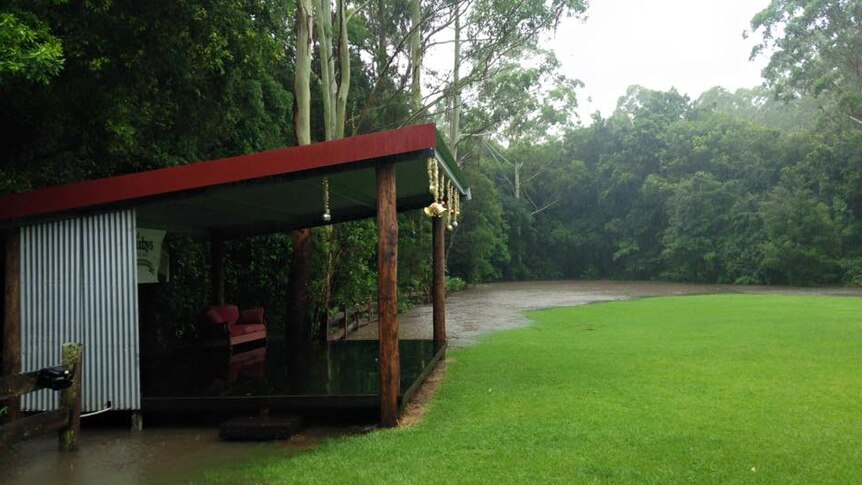 A creek floods over a green lawn at Great Lakes Winery.