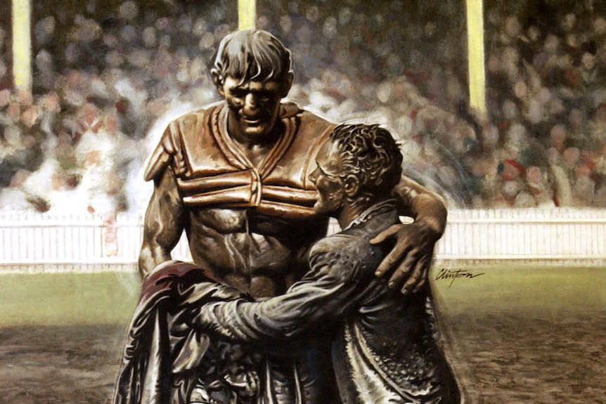 A drawing of Norm Provan hugging Arthur Summons after the 1963 NSWRL grand final