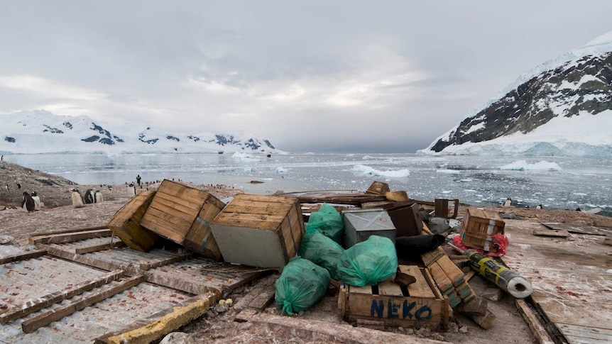 Timber boxes and tin with penguins watching on, and icy mountains and sea in the background.