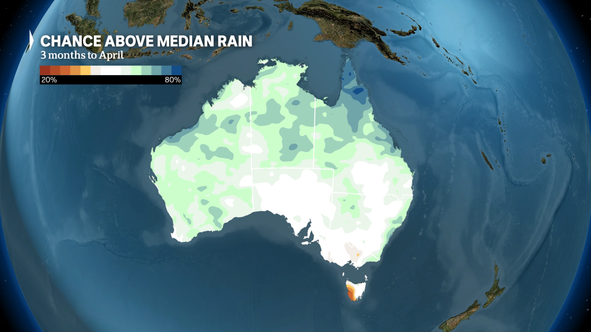 a weather map of australia shows a wet january should be followed by above median rainfall from February to April 