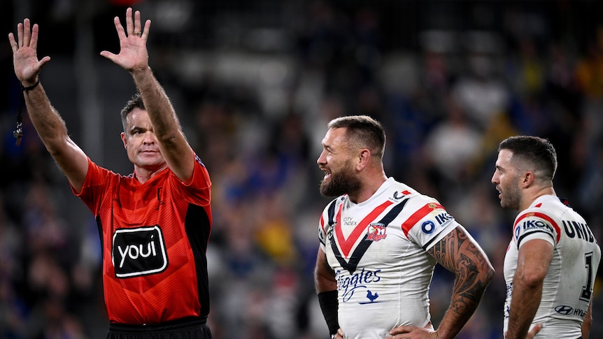 Jared Waerea-Hargeaves of the Roosters is sent to the sin-bin, ref holding his arms up