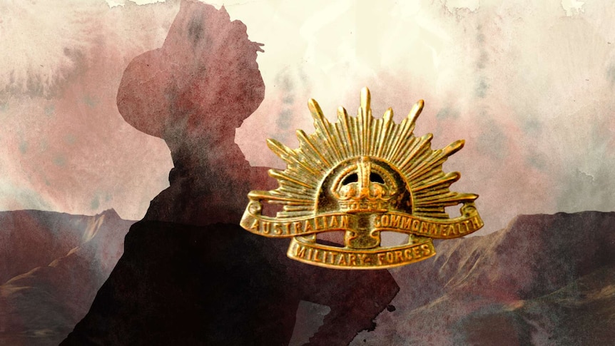 The silhouette of a soldier with mountain range in the background and the rising sun hat badge in the foreground.