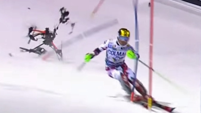 Alpine skier Marcel Hirscher is nearly hit by falling camera drone in Italy on December 22, 2015.