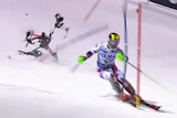 The drone crashed to the ground just centimetres from Hirscher.
