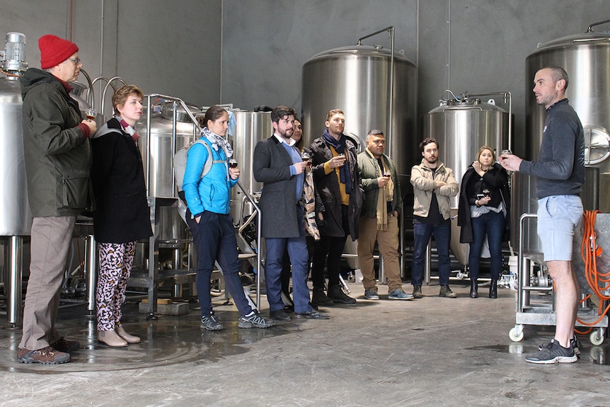 Phil Zakaria conducts a tour at Last Rites Brewing Company, Tasmania.