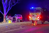 A fire truck next to a crashed ute at night on a road