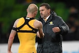 Aaron Mooy and Socceroos coach Ange Postecoglou talk after the World Cup qualifier against Thailand