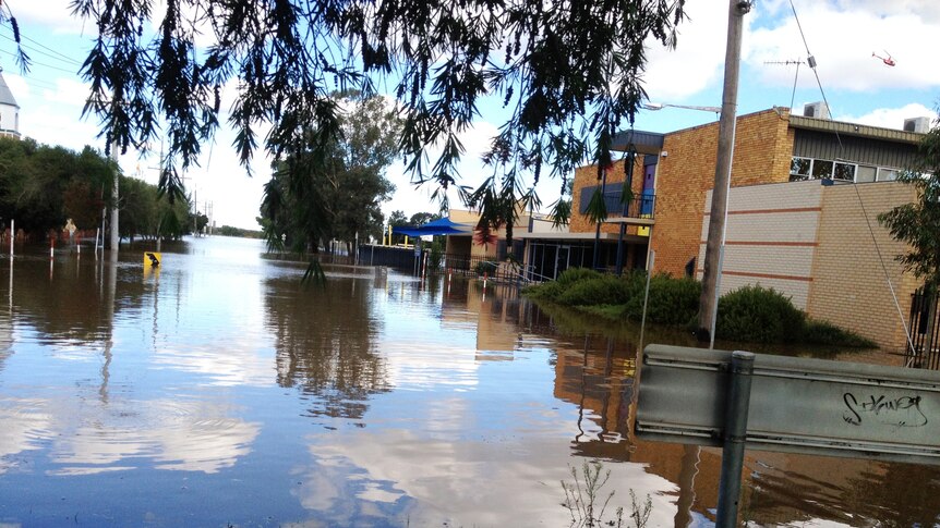 Floodwaters fill a street in the town of Yoogali, Griffith