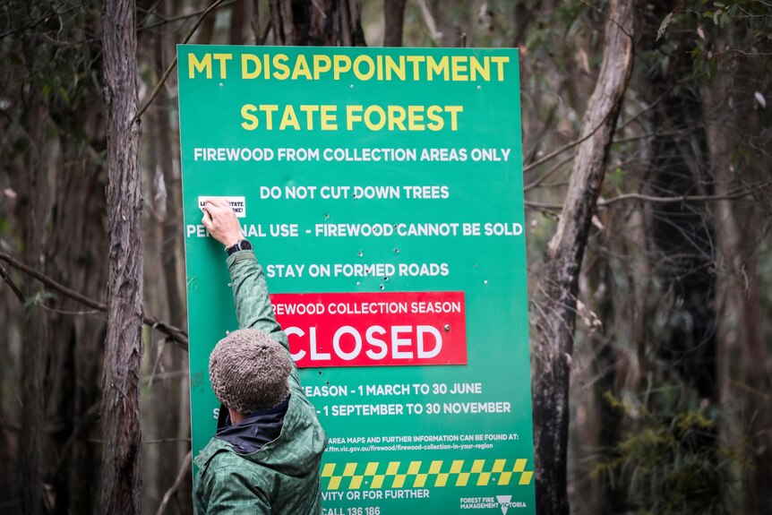 A green sign warns that firewood collection season is closed at Mt Disappointment State Forest.
