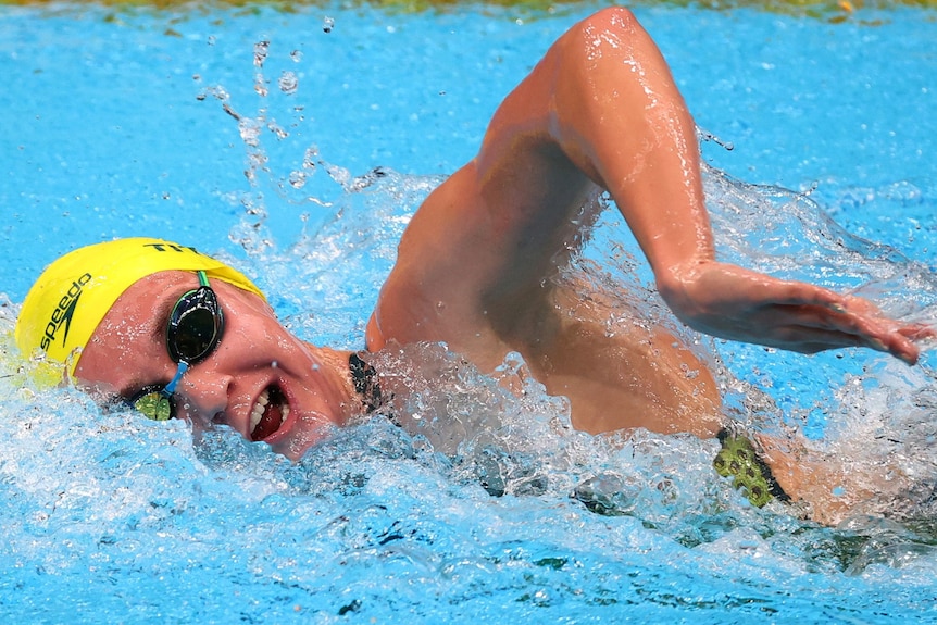 An Australian female swimmer contests a heat of the 800m freestyle at the Tokyo Olympics.
