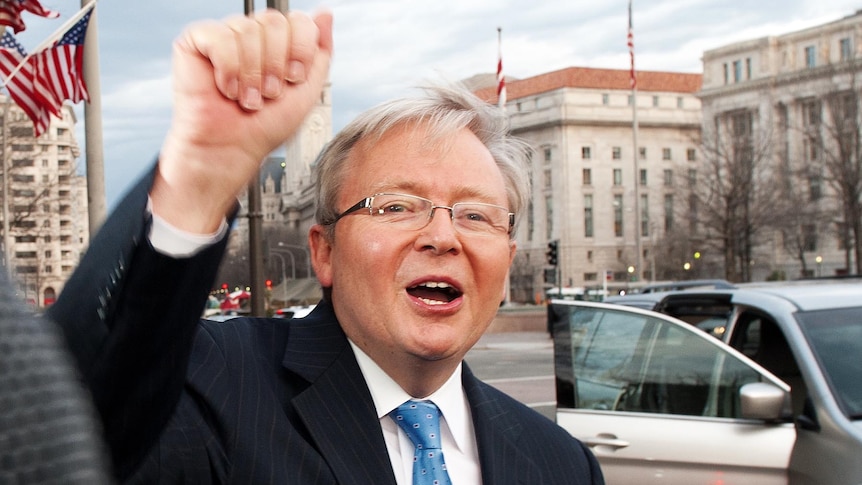 Kevin Rudd leaves for the airport following a press conference in Washington, DC.